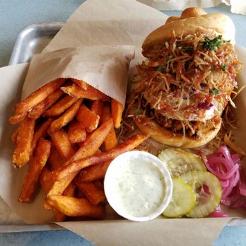 Fiamma Burger - BBQ sandwich topped with fried egg, side of sweet potato fries. - Burgers Near Me - Bellingham, Washington