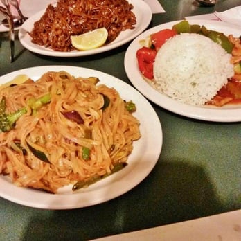 Basil Court Restaurant - Above is Thai spicy noodles, left is vegetable pad thai (no peanuts), and right is sweet and sour pork. - Thai Near Me - Windsor, Ontario