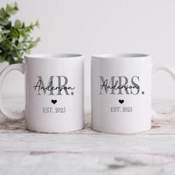 Gifts Are Blue - Mr and Mrs mugs with last name and established year. Great as wedding, anniversary, valentine or engagement gift.