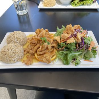 MyThai Restaurant - Orange chicken. Really nice presentation with delicious rice and a nice salad. - Thai Near Me - San Luis Obispo, California MyThai Restaurant - Orange chicken. Really nice presentation with delicious rice and a nice salad. - Thai Near Me - San Luis Obispo, California