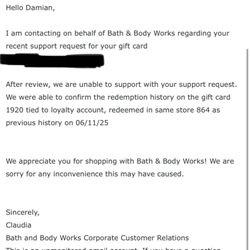 Bath & Body Works - Email sent by customer service.