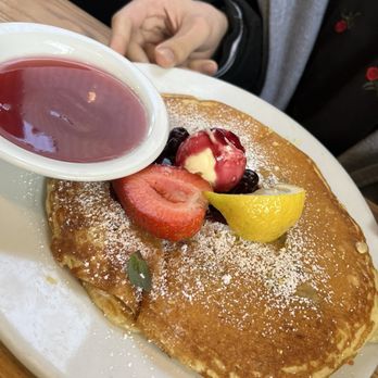 Jongewaard's Bake n Broil - Lemon Blueberry Pancakes with Raspberry Sauce - American Near Me - Long Beach, California