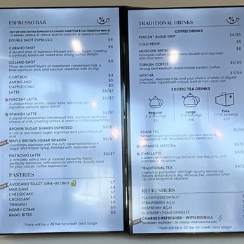 Percent Coffee - A two-page menu from Percent Coffee in Troy, MI, listing espresso beverages, traditional and exotic teas, and refreshers, with prices and descriptions. - Coffee & Tea Near Me - Troy, Michigan