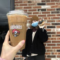 Gorgeous iced coffee featuring iconic Grounds logo, plus a huge Boston Creme donut with my sister's face to scale!