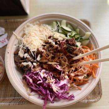 BIBIBOP Asian Grill - Spicy Chicken Bowl with noodles, mushrooms, carrots, spring onions, cucumber, etc - Asian Fusion Near Me - Columbia, Maryland BIBIBOP Asian Grill - Spicy Chicken Bowl with noodles, mushrooms, carrots, spring onions, cucumber, etc - Asian Fusion Near Me - Columbia, Maryland