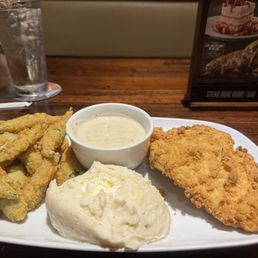 Chicken fried chicken with mashed potatoes and okra