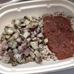 Good Clean Food Hawaii - Breakfast sausage with marinara sauce, and herb potatoes.