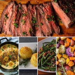 Perfect autumn menu for a dinner party or a catering event.Beef tenderloin, whipped potatoes, green beans, roasted root vegetables.