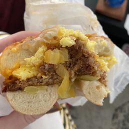 Build your own bagel sandwich with egg, goetta, banana, peppers, and cheddar cheese Build your own bagel sandwich with egg, goetta, banana, peppers, and cheddar cheese