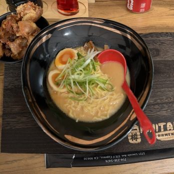 Ichitaru Ramen - Left: Fried Chicken Ramen w/shoyu Middle: Fried Chicken Ramen w/miso lv 9 spice Right: garlic bomb ramen lv 4 spict - Ramen Near Me - Cypress, California