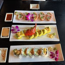 Always delicious! Top to bottom...Sweetheart roll no kani, King Lobster roll no cream cheese, Salmon Tempura roll. Sauce on the side. Always delicious! Top to bottom...Sweetheart roll no kani, King Lobster roll no cream cheese, Salmon Tempura roll. Sauce on the side.