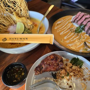 Hanuman Thai Eatery - Khao Soi (top left) and Hanger Steak Panang Curry (top right) - Thai Near Me - Costa Mesa, California Hanuman Thai Eatery - Khao Soi (top left) and Hanger Steak Panang Curry (top right) - Thai Near Me - Costa Mesa, California