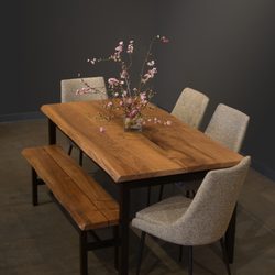 Gingko Furniture - George Walnut Dining Table with Live Edge, Bench, Pascal Chairs.