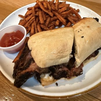 Cork and Batter Roadhouse - Slow Smoked Brisket Sandwich and sweet potato fries - Cocktail Bars Near Me - Simi Valley, California Cork and Batter Roadhouse - Slow Smoked Brisket Sandwich and sweet potato fries - Cocktail Bars Near Me - Simi Valley, California