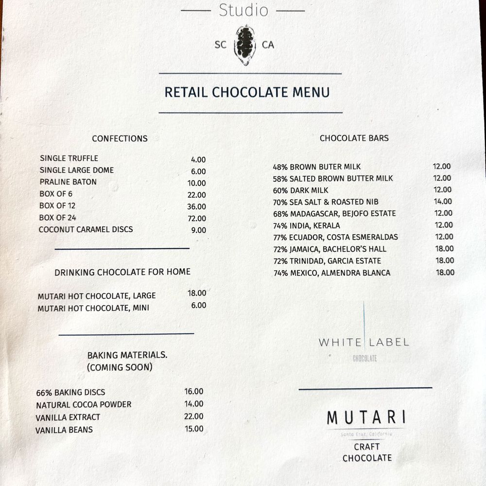 The Chocolate Studio - Menu 3/30/25 - Chocolatiers & Shops Near Me - Santa Cruz, California