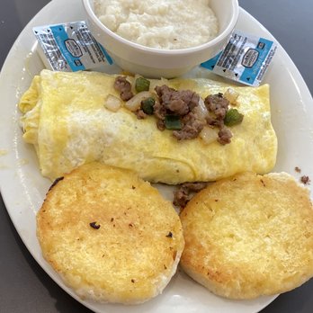 Eggs Up Grill - Omelette- Philly cheesesteak & biscuits (i dont recommend the grits) - Breakfast & Brunch Near Me - Richmond, Virginia