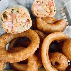 The Back Door Bar - Buffalo chicken wrap with onion rings
