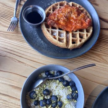 Cabin Juice Elevated Eatery & Bar - Honey hot chicken and waffles and the chia seed pudding - Breakfast & Brunch Near Me - Breckenridge, Colorado