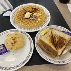 Waffle House - Sausage, egg and cheese melt. Biscuit. Pecan Waffle.