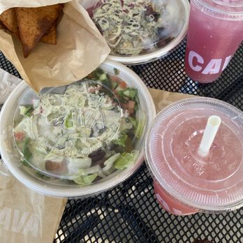 Cava - Our food !!!!! Blueberry Lavender with lemonade drinks and pita chips with our built bowls !!! - Mediterranean Near Me - Long Beach, California Cava - Our food !!!!! Blueberry Lavender with lemonade drinks and pita chips with our built bowls !!! - Mediterranean Near Me - Long Beach, California