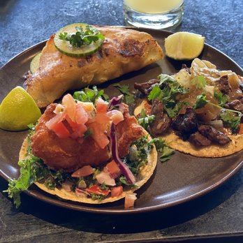 Teocalli Cocina - Tacos! So yummy. Top is Tijuana shrimp. Right is carne asada. Left is pescado. - Mexican Near Me - Arvada, Colorado