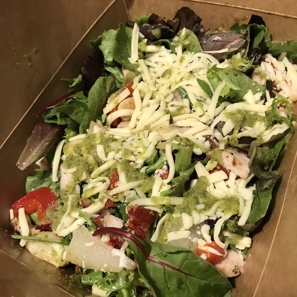 The amazing pesto grilled chicken salad!! Mixed green, roasted red peppers, roasted garlic, mozzarella, pear, sundried tomato. The amazing pesto grilled chicken salad!! Mixed green, roasted red peppers, roasted garlic, mozzarella, pear, sundried tomato.