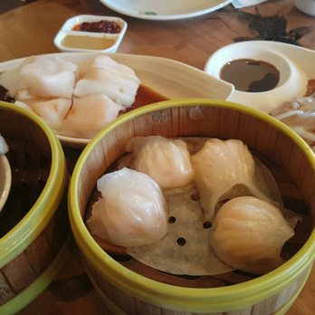 Koi Palace - Left to right: pork ribs, shrimp noodle rolls, shrimp dumplings, and noodle roll with Chinese donut, & daikon paste inside - Dim Sum Near Me - Milpitas, California