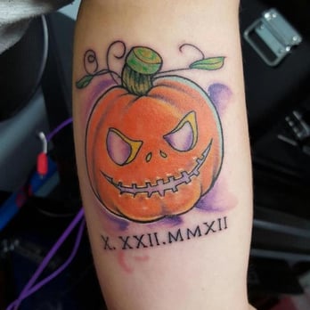 Ancient Ink Tattoo Studio - Gave Dave the idea: pumpkin, the face & the numerals and he created this detailed, 3D piece for me!  Couldn't be happier! - Tattoo Near Me - Crown Point, Indiana
