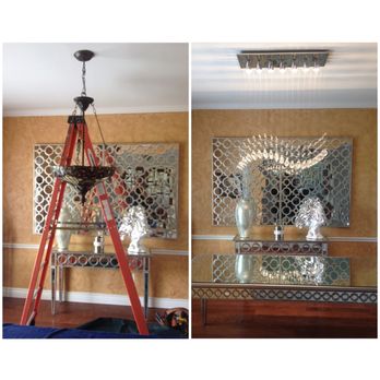 Bright Light Electric - Before & after Chandelier Installation.  Light fixture updated with this stunning @Modani Waverly Modern Chandelier. #DallasElectrician - Electricians Near Me