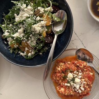 Zaytinya - Left: Smoked Beet Salad, Right: Htipiti (roasted red pepper dip) - Greek Near Me - Washington, DC, District of Columbia