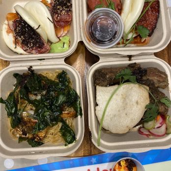 Max's Fusion & Bar - Bottom left - lemongrass shrimp, bottom right, pork belly, top right pork belly bao, top left tuna bao. - Asian Fusion Near Me - Cedar Park, Texas Max's Fusion & Bar - Bottom left - lemongrass shrimp, bottom right, pork belly, top right pork belly bao, top left tuna bao. - Asian Fusion Near Me - Cedar Park, Texas