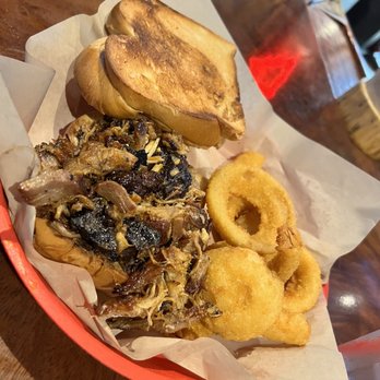Hole In The Wall - My husband got the pulled pork with onion rings and I got mine with crispy fries fresh and delicious! - American Near Me - Miami, Florida Hole In The Wall - My husband got the pulled pork with onion rings and I got mine with crispy fries fresh and delicious! - American Near Me - Miami, Florida