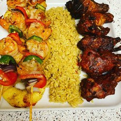 Mike and Mike Southern Food - Hawaii barbecue wings, yellow rice and shrimp