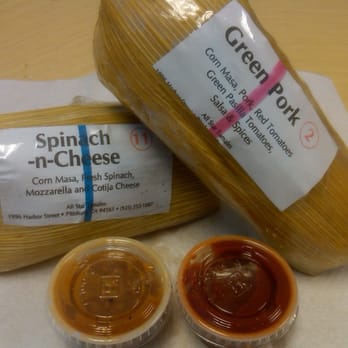 All Star Tamales - Spinach & Cheese Tamale & Green Pork Tamale w/ Habanero and Chipotle Salsa! - Mexican Near Me - Pittsburg, California