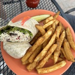 Jimmy G's Beverly Hills Tavern - Cranberry Almond Chicken Salad Wrap Cranberries, almonds, broccoli, chicken salad with spring mix in a wrap with fries.