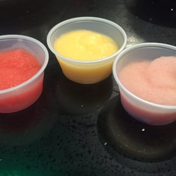 Mr BBQ - Samples of the strawberry, peach , and watermelon Soju Slushies. My fave's the strawberry!:) - Korean Near Me - Fullerton, California