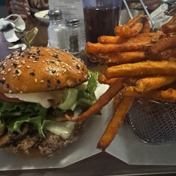 Mel's Hilltop Restaurant - Single patty smash with sweet potato fries. - American Near Me - Poland, Maine Mel's Hilltop Restaurant - Single patty smash with sweet potato fries. - American Near Me - Poland, Maine