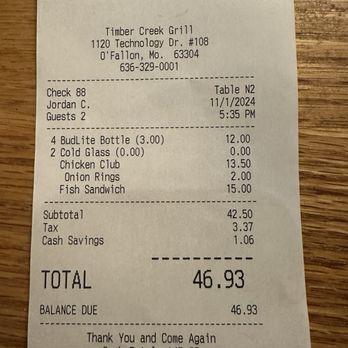 Timber Creek Grill - Receipt - American Near Me - O'fallon, Missouri