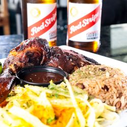 The Jerk Pit - Jerk Chicken, Rice and peas, Steamed Vegetables and Red Stripe beer