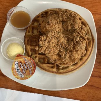 Dame's Chicken & Waffles - Orange Speckled Chabo with Orange-Honeycomb shmear and Sweet Whiskey Creme drizzle - Southern Near Me - Durham, North Carolina