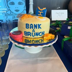 Jadey Cakes - Bank and Brunch event in Lake Nona. Fondant "breakfast" items and Chanel purse. Vanilla cake with vanilla buttercream.