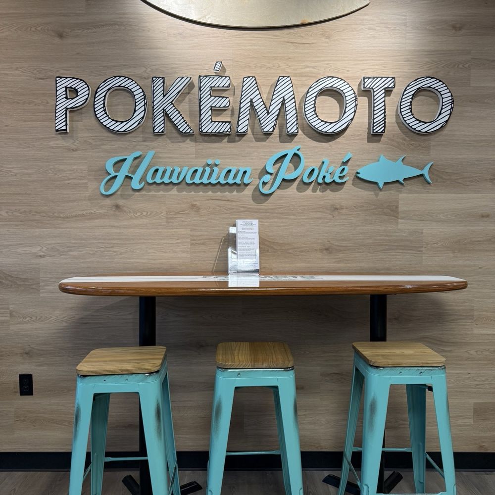 Pokemoto - Pokemoto Logo, Surfboard counter and stools - Poke Near Me - Manchester, Connecticut Pokemoto - Pokemoto Logo, Surfboard counter and stools - Poke Near Me - Manchester, Connecticut