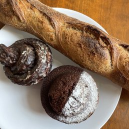 Sourdough baguette, spice roll and gingerbread muffin
