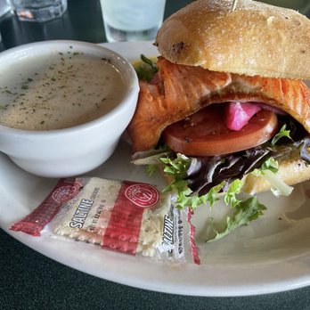Lowell's Restaurant - Wild Salmon Filet Sandwich with Lowells Clam Chowder - American Near Me - Seattle, Washington Lowell's Restaurant - Wild Salmon Filet Sandwich with Lowells Clam Chowder - American Near Me - Seattle, Washington