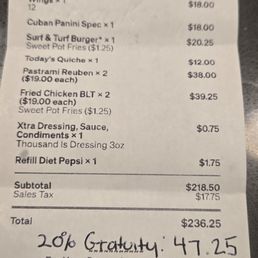 The total was $236 and we were treated poorly as customers we will not return The total was $236 and we were treated poorly as customers we will not return