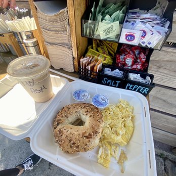 Alta Coffee - Everything bagel with a side of eggs and iced chai latte with mixed spices - Coffee & Tea Near Me - Newport Beach, California