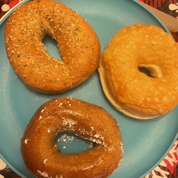 Jeff's Bagel Run - Rosemary salt (top left), Asiago (right), French toast BOTD (Bagel of the Day) (bottom) - Bagels Near Me - Orlando, Florida Jeff's Bagel Run - Rosemary salt (top left), Asiago (right), French toast BOTD (Bagel of the Day) (bottom) - Bagels Near Me - Orlando, Florida