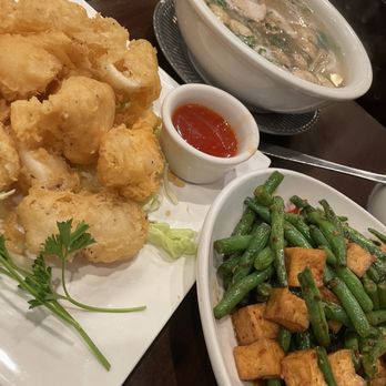Phnom Penh House - Lemon grass chicken soup. Battered and fried calamari. Green bean and tofu  so good. - Cambodian Near Me - Alameda, California