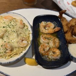 Garlic Shrimp Scampi (Middle) Coconut Shrimp & Sauce (right) & Shrimp Linguini Alfredo (left)