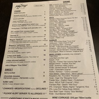 The Magpie - Menu as of March 6, 2020 - New American Near Me - San Antonio, Texas The Magpie - Menu as of March 6, 2020 - New American Near Me - San Antonio, Texas